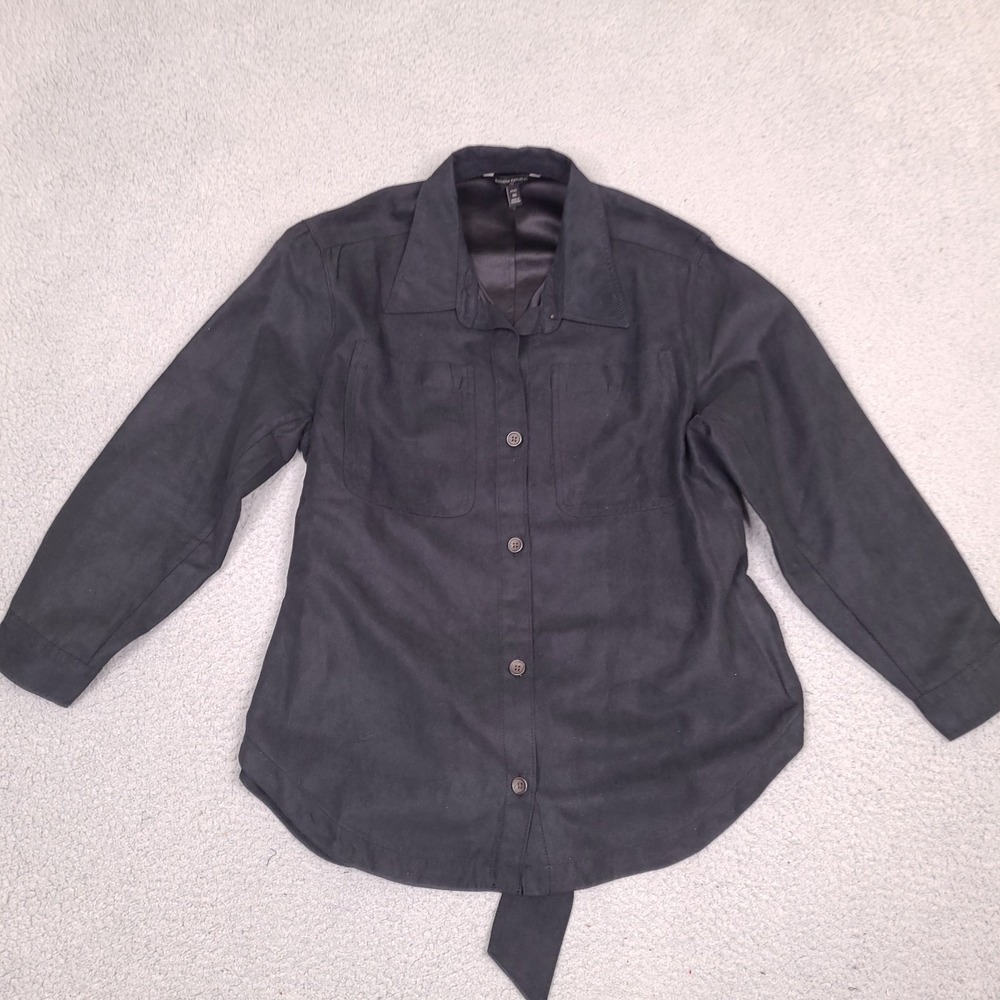 Banana Republic Button Up Shirt Womens Medium Petite Black Suede Long Sleeve